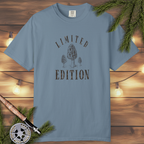 Ice Blue garment-dyed t-shirt with Limited Edition morel mushroom forest graphic
