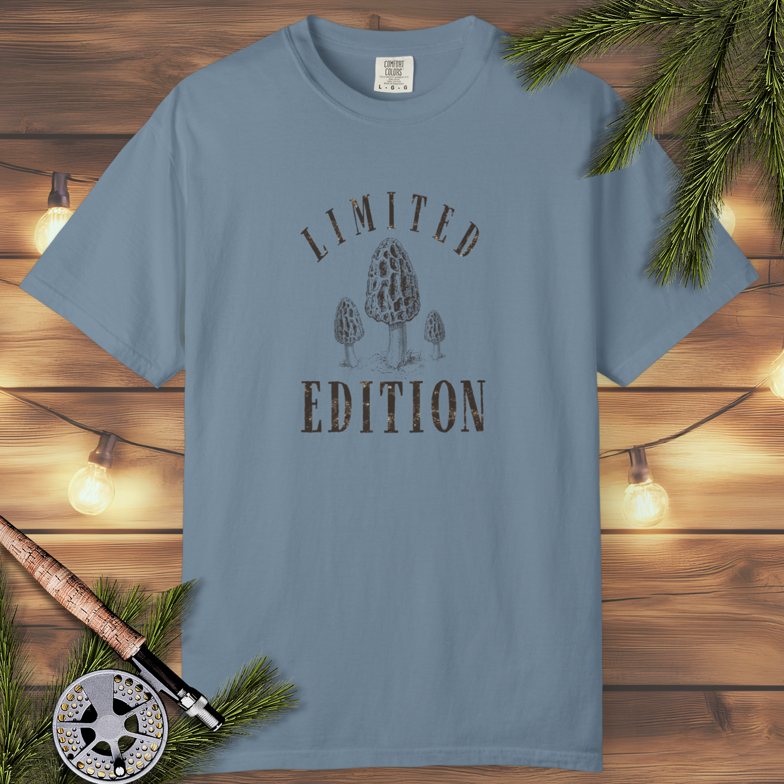 Ice Blue garment-dyed t-shirt with Limited Edition morel mushroom forest graphic