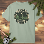 Moonlit Trails Club cozy night hike badge t-shirt with crescent moon and pine trees