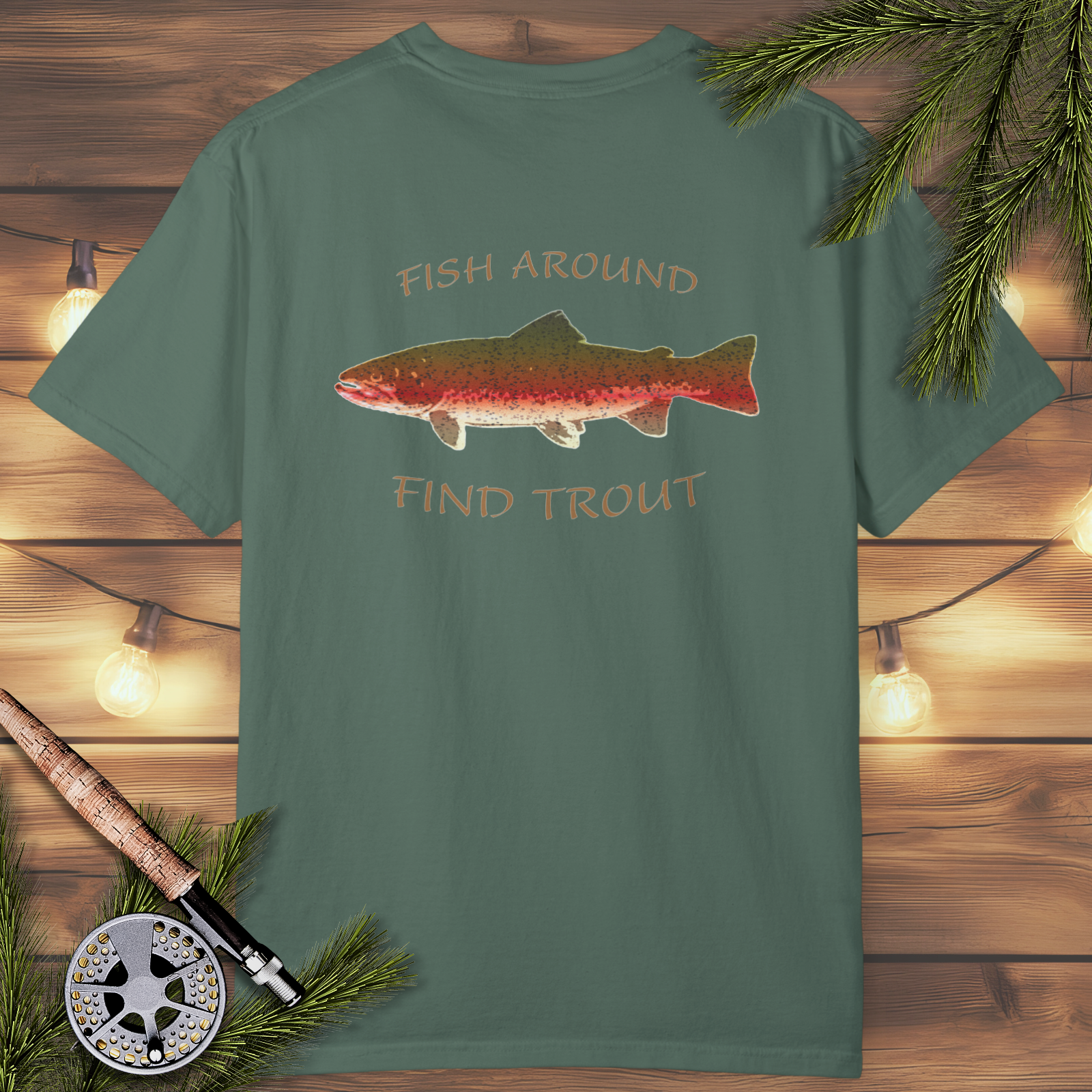 Blue spruce t-shirt back print trout illustration with Fish around Find trout text on a wooden background