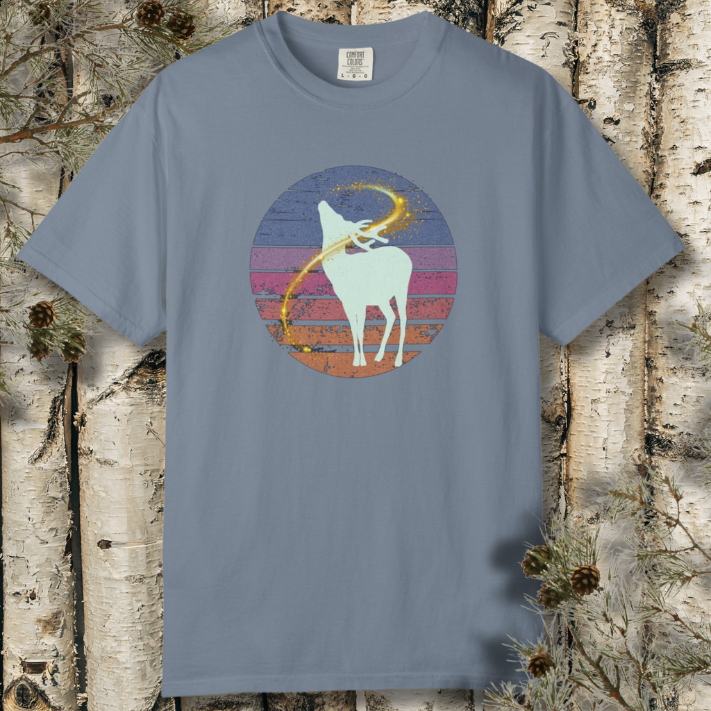 Stag silhouette against colorful retro sunset sky on t-shirt