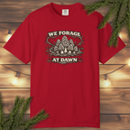 Vintage “We Forage at Dawn” mushroom foraging graphic t-shirt with detailed woodland mushroom illustration in a distressed outdoor style