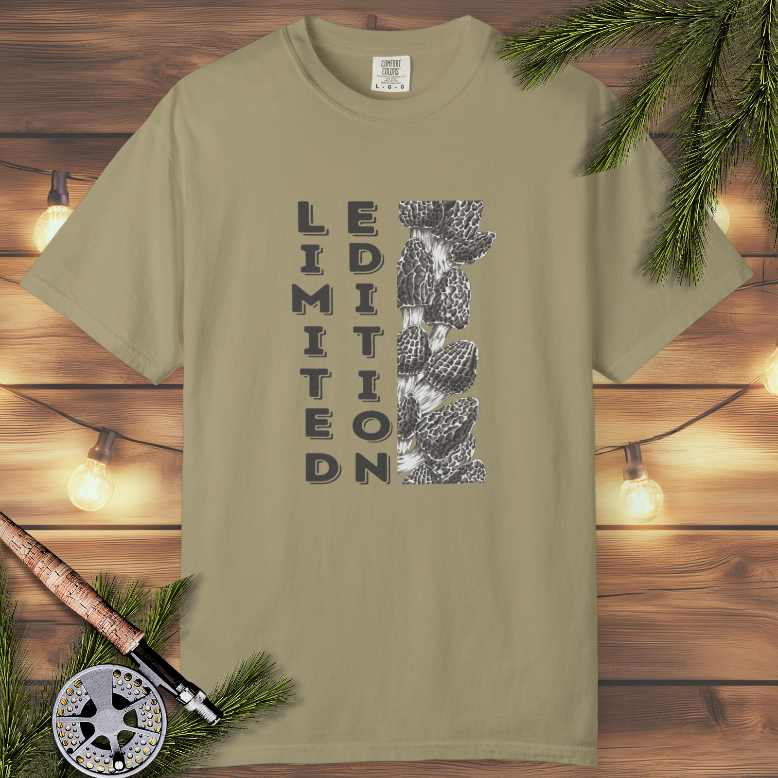 Limited Edition morel mushroom shirt, vertical typography outdoors design