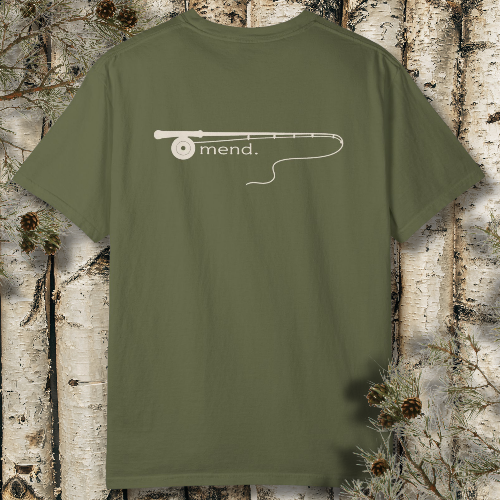 Simple fly rod graphic with ‘Mend.’ back print on fishing tee