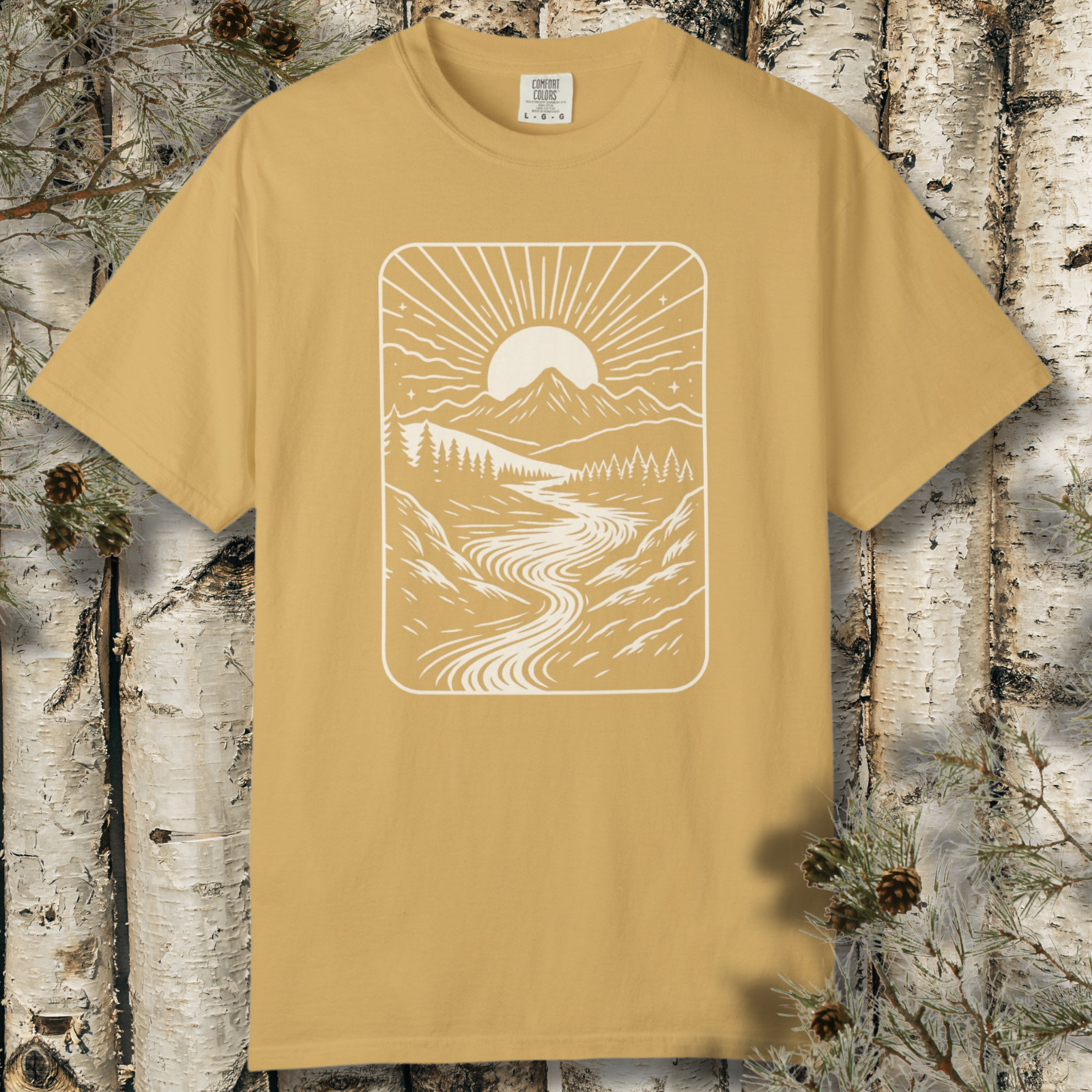 River Path graphic t-shirt with sunrise mountain landscape and winding river illustration (front view)