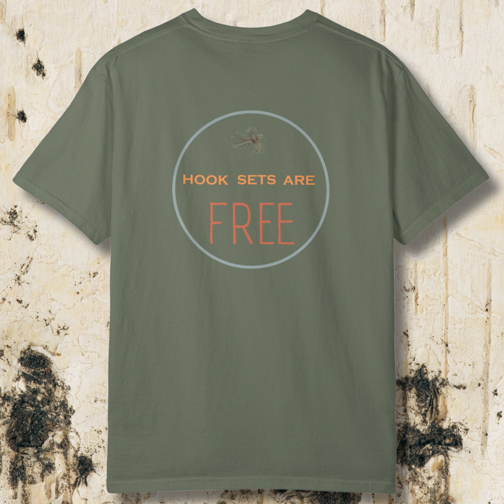 Hook Sets Are Free Fishing Back Print T-Shirt | Garment-Dyed Unisex Tee