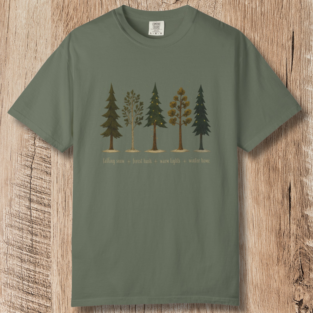 Lights in the Woods T-Shirt — Forest Lineup Winter Trees Graphic Tee