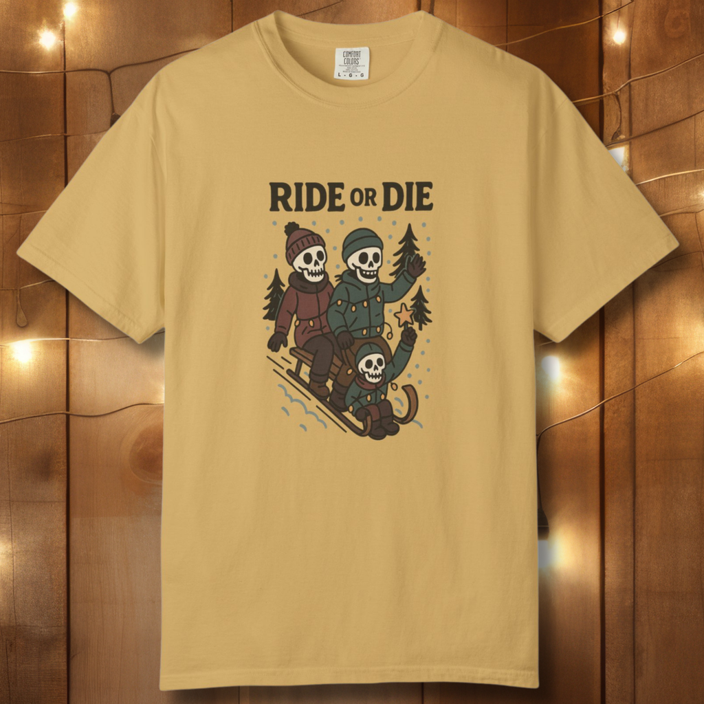 Ride or Die Skeleton Sledding Crew T-Shirt — Vintage Family Snow Day Tee