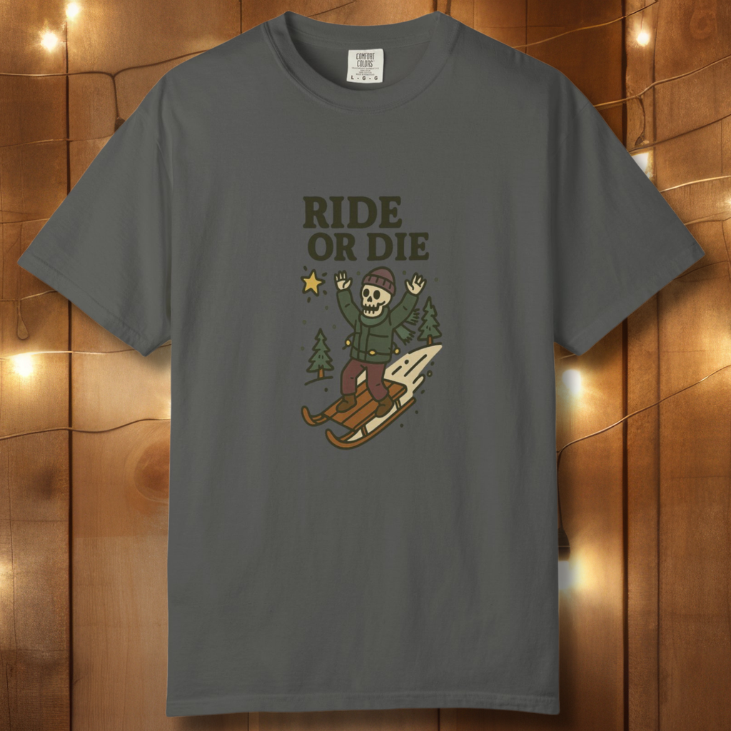 Ride or Die Skeleton Sledding T-Shirt — Vintage Winter Snow Sled Tee