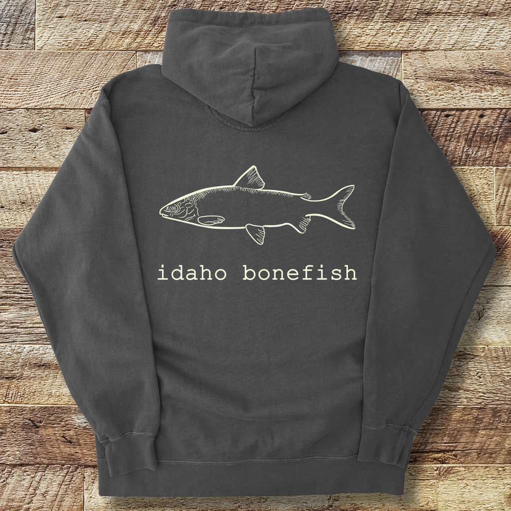Bonefish Hoodie Back Print – Idaho Whitefish Joke Fly Fishing Pullover
