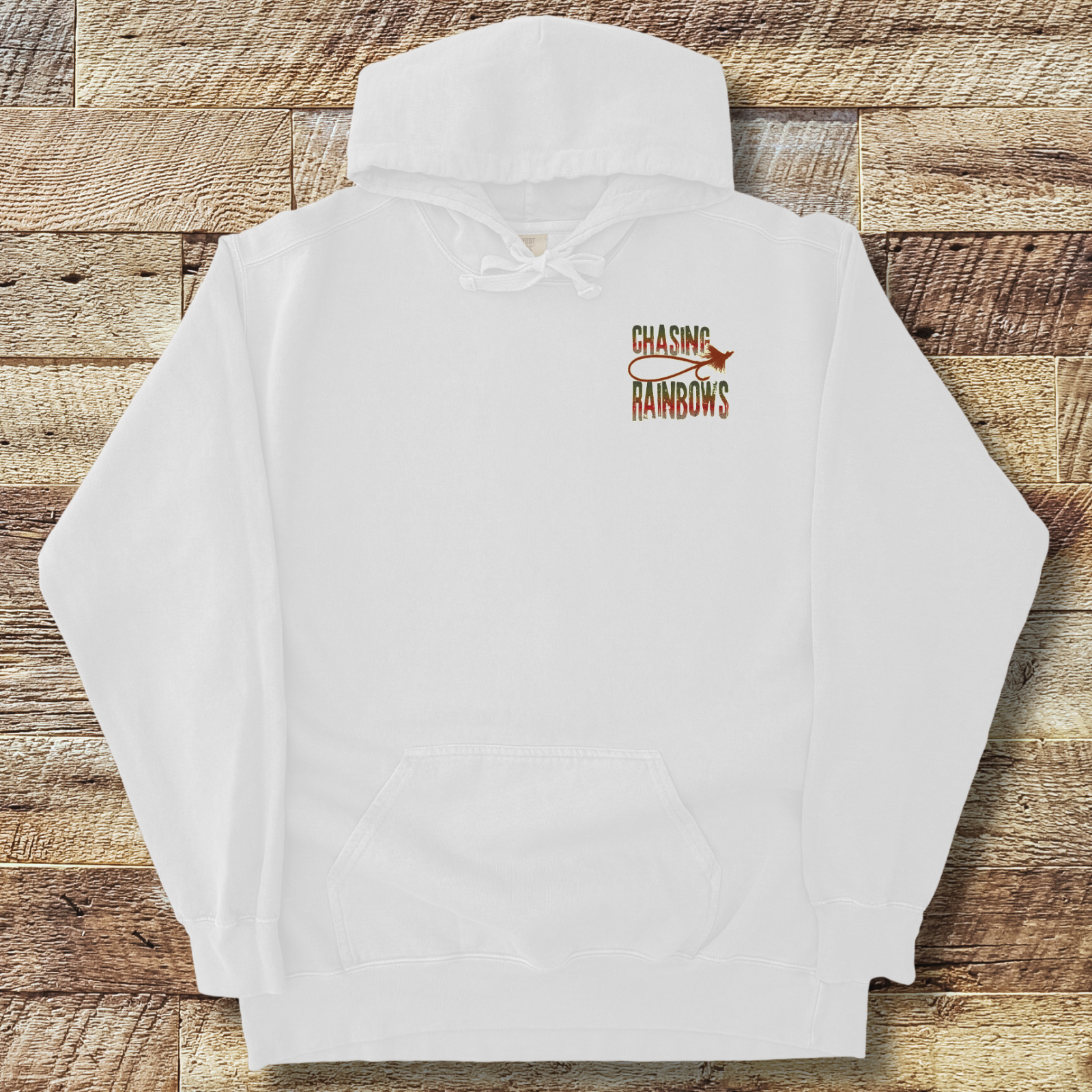 White hoodie showing “Chasing Rainbows” rainbow trout design (front view mockup).
