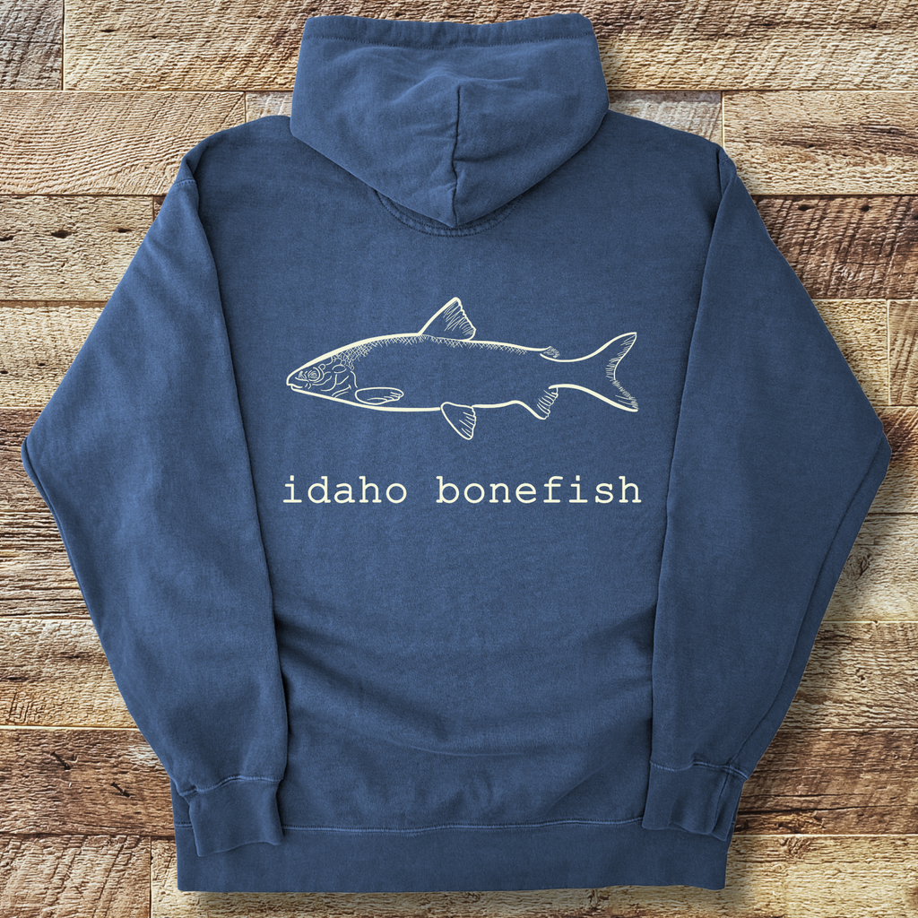Bonefish Hoodie Back Print – Idaho Whitefish Joke Fly Fishing Pullover