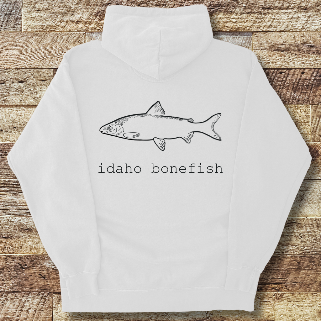 Bonefish Hoodie Back Print – Idaho Whitefish Joke Fly Fishing Pullover