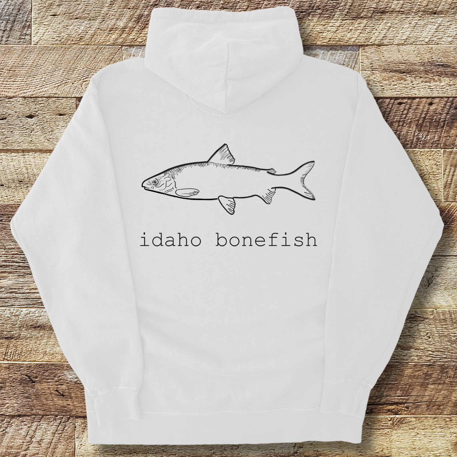 Bonefish Hoodie Back Print – Idaho Whitefish Joke Fly Fishing Pullover