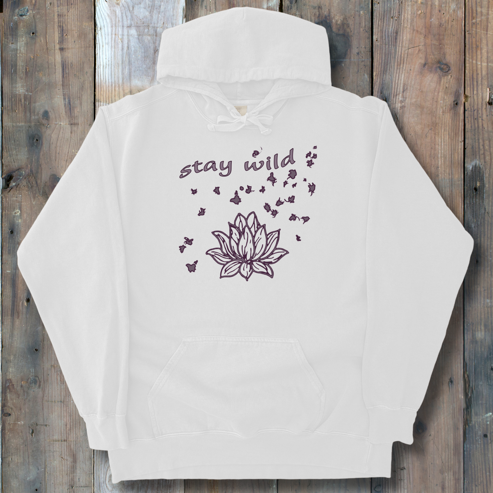 Hand-drawn lotus with butterflies and ‘Stay Wild’ phrase on white hoodie