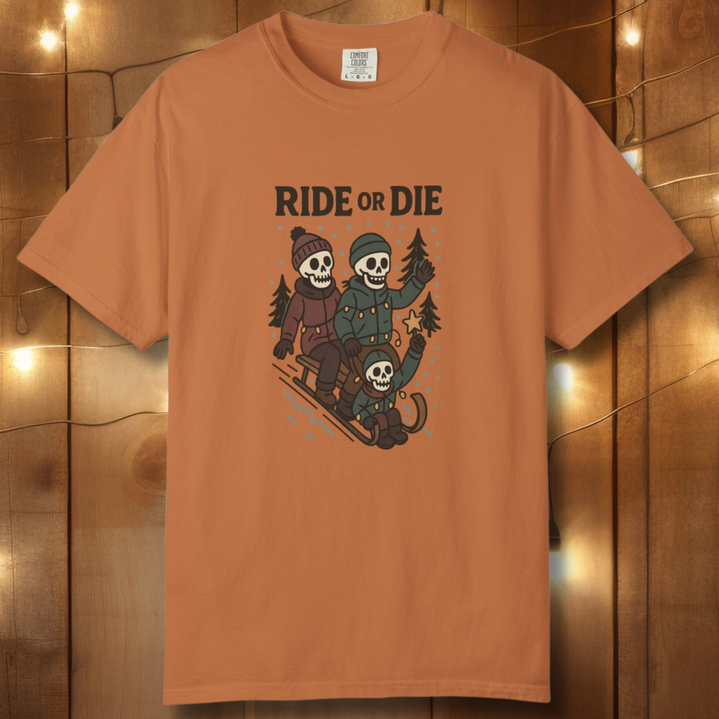 Ride or Die Skeleton Sledding Crew T-Shirt — Vintage Family Snow Day Tee